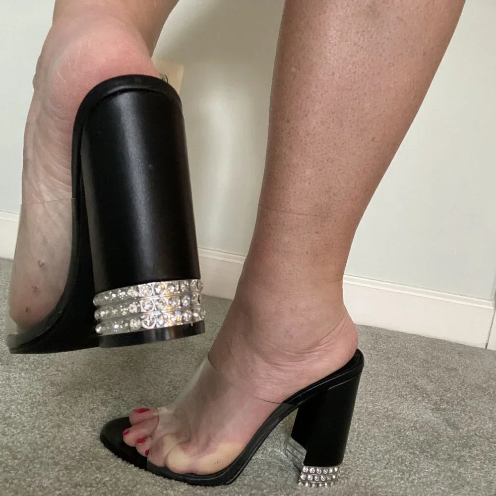 Party Shoes Cape Robbin Clear and Black Open Toe Rhinestone Heels